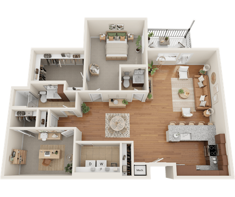 Floor plan for 1 bed, 1.5 baths, 1383 sqft